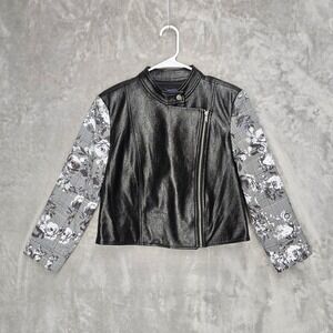 Rachel Roy Jacket Womens Large Faux Leather Moto Floral Plaid Sleeve Zip Front